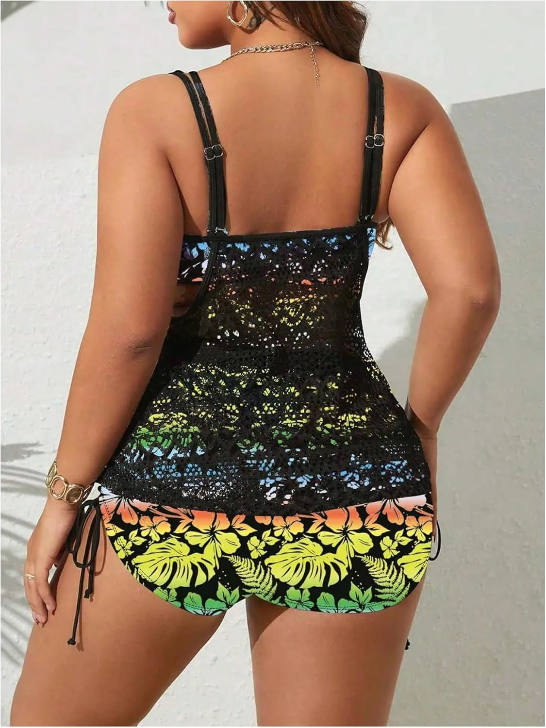 SOLY HUX Women's Plus Size Tankini Swimsuits Floral Print Two Piece Bathing Suit Lace Tankini Tops and Shorts Set