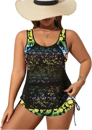 SOLY HUX Women's Plus Size Tankini Swimsuits Floral Print Two Piece Bathing Suit Lace Tankini Tops and Shorts Set