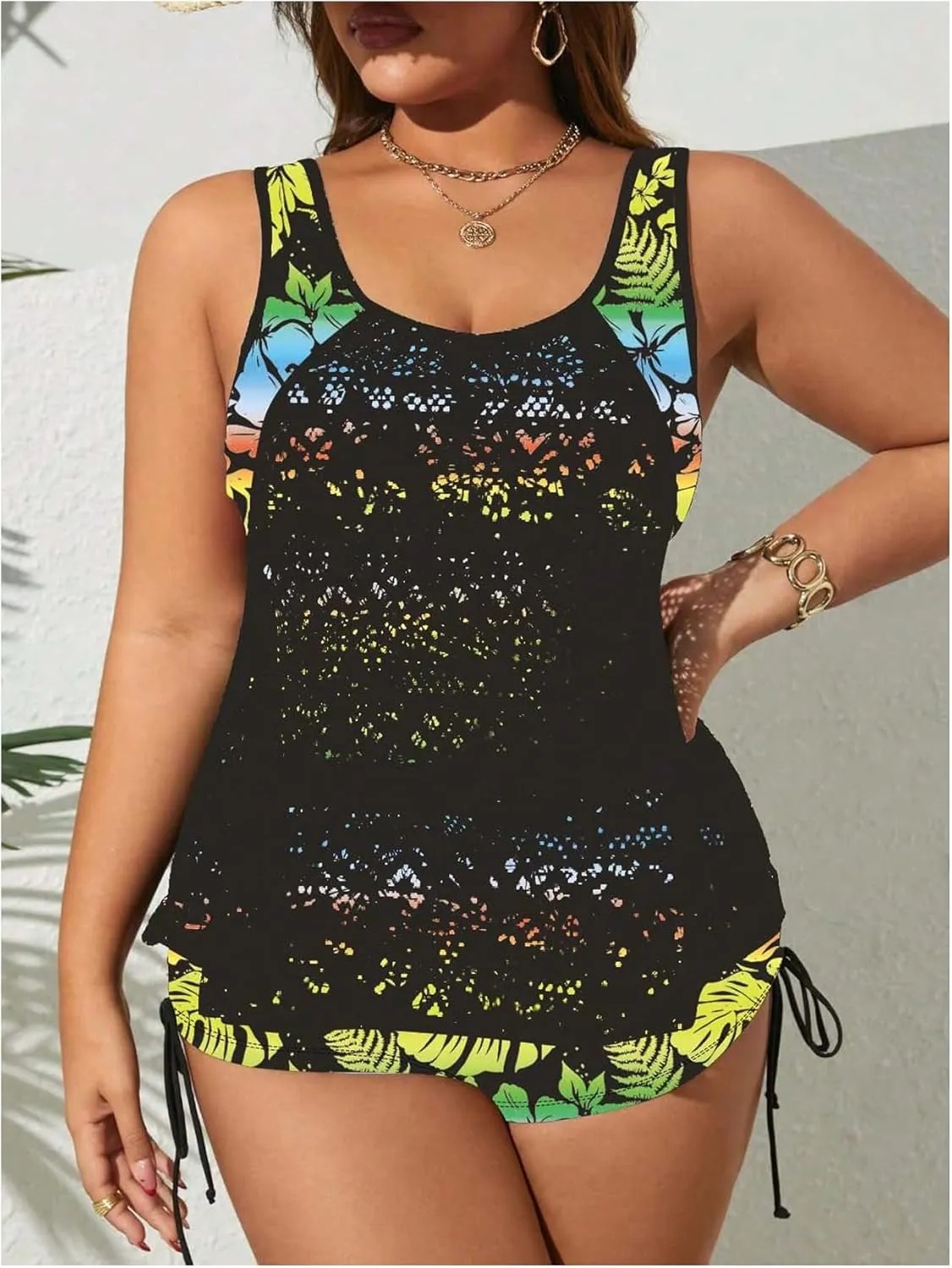SOLY HUX Women's Plus Size Tankini Swimsuits Floral Print Two Piece Bathing Suit Lace Tankini Tops and Shorts Set