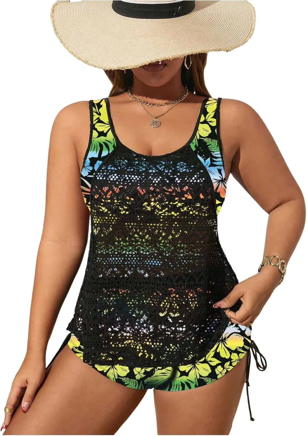 SOLY HUX Women's Plus Size Tankini Swimsuits Floral Print Two Piece Bathing Suit Lace Tankini Tops and Shorts Set