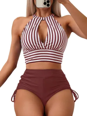 SOLY HUX Women's Tankini Set Striped Cut Out Tops and Drawstring Side Shorts Bikini Bathing Suits 2 Piece Swimsuit