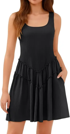 Summer Beach Vacation Dress for Women Fitted Sleeveless Layered Ruffle Hem Mini Dress Cute Church Summer Outfit 2025