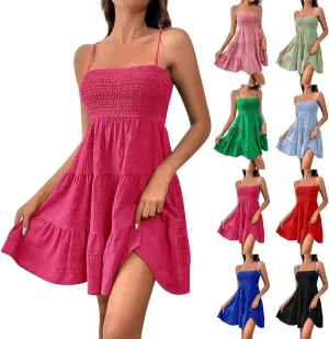 Summer Dresses for Women Sleeveless Mini Dress Spaghetti Strap Ruffle Hem Sundress Tiered Elastic Textured Dress