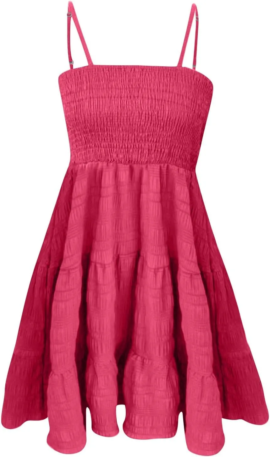 Summer Dresses for Women Sleeveless Mini Dress Spaghetti Strap Ruffle Hem Sundress Tiered Elastic Textured Dress