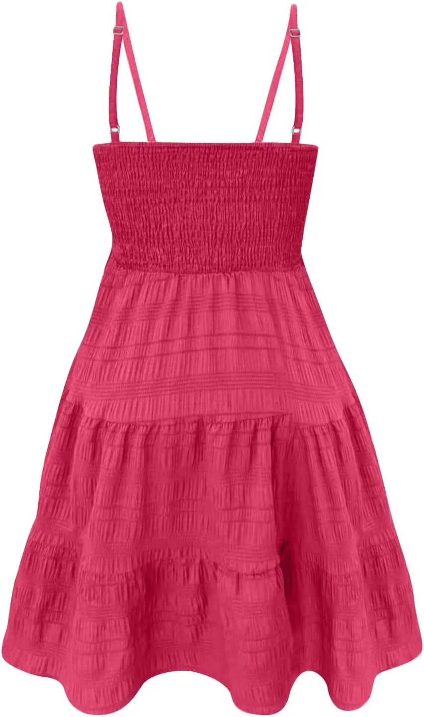 Summer Dresses for Women Sleeveless Mini Dress Spaghetti Strap Ruffle Hem Sundress Tiered Elastic Textured Dress