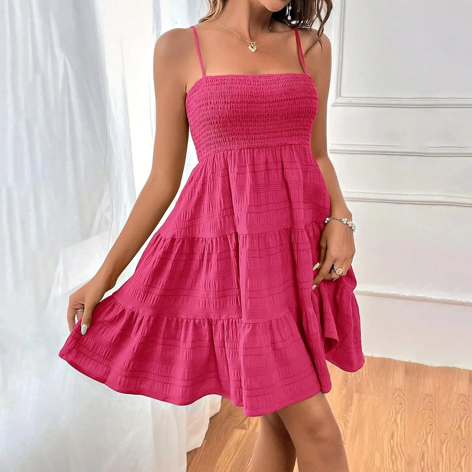 Summer Dresses for Women Sleeveless Mini Dress Spaghetti Strap Ruffle Hem Sundress Tiered Elastic Textured Dress