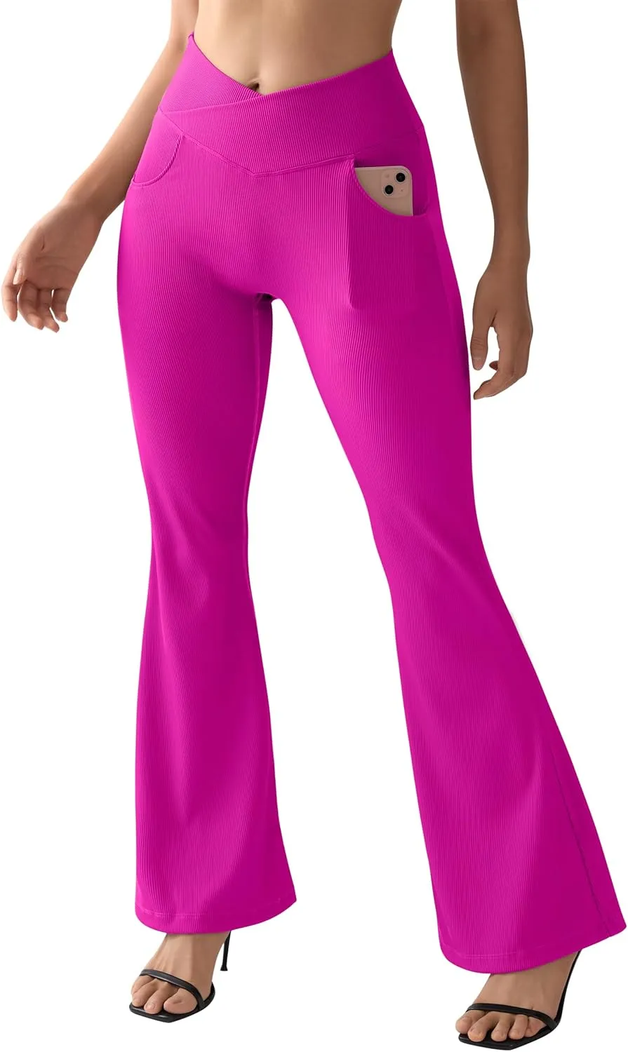 SUUKSESS Women Ribbed Crossover Flare Leggings V Back Yoga Pants with Pockets