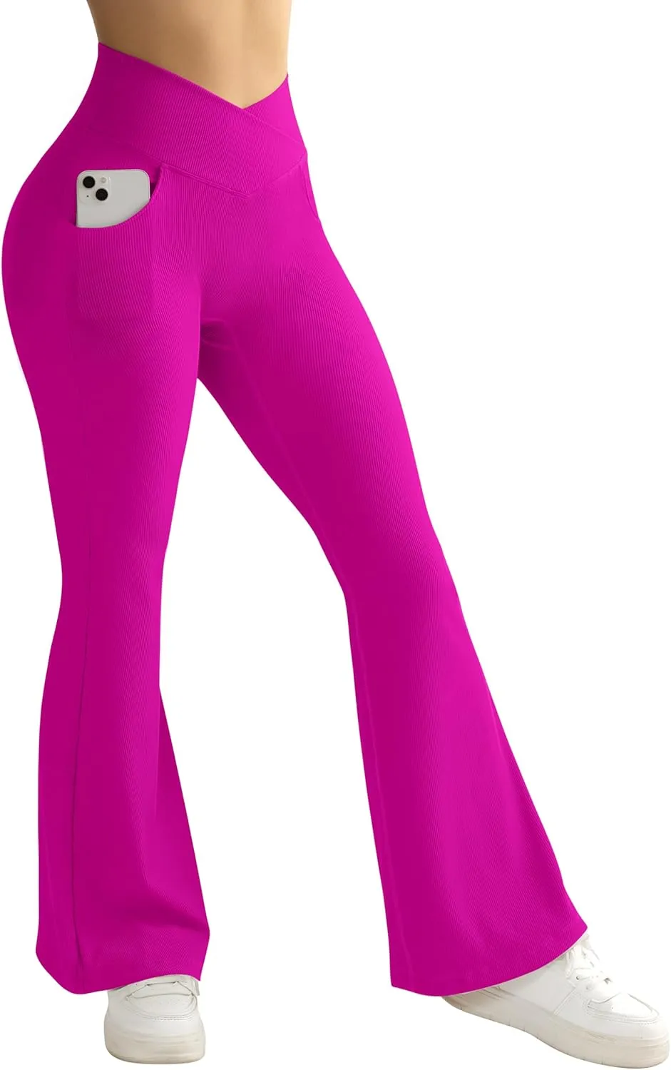 SUUKSESS Women Ribbed Crossover Flare Leggings V Back Yoga Pants with Pockets