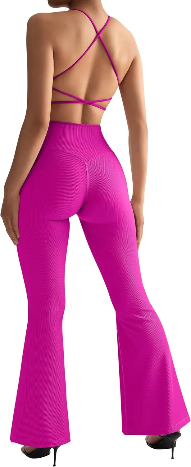 SUUKSESS Women Ribbed Crossover Flare Leggings V Back Yoga Pants with Pockets
