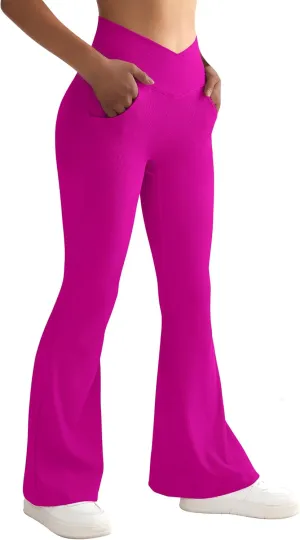 SUUKSESS Women Ribbed Crossover Flare Leggings V Back Yoga Pants with Pockets