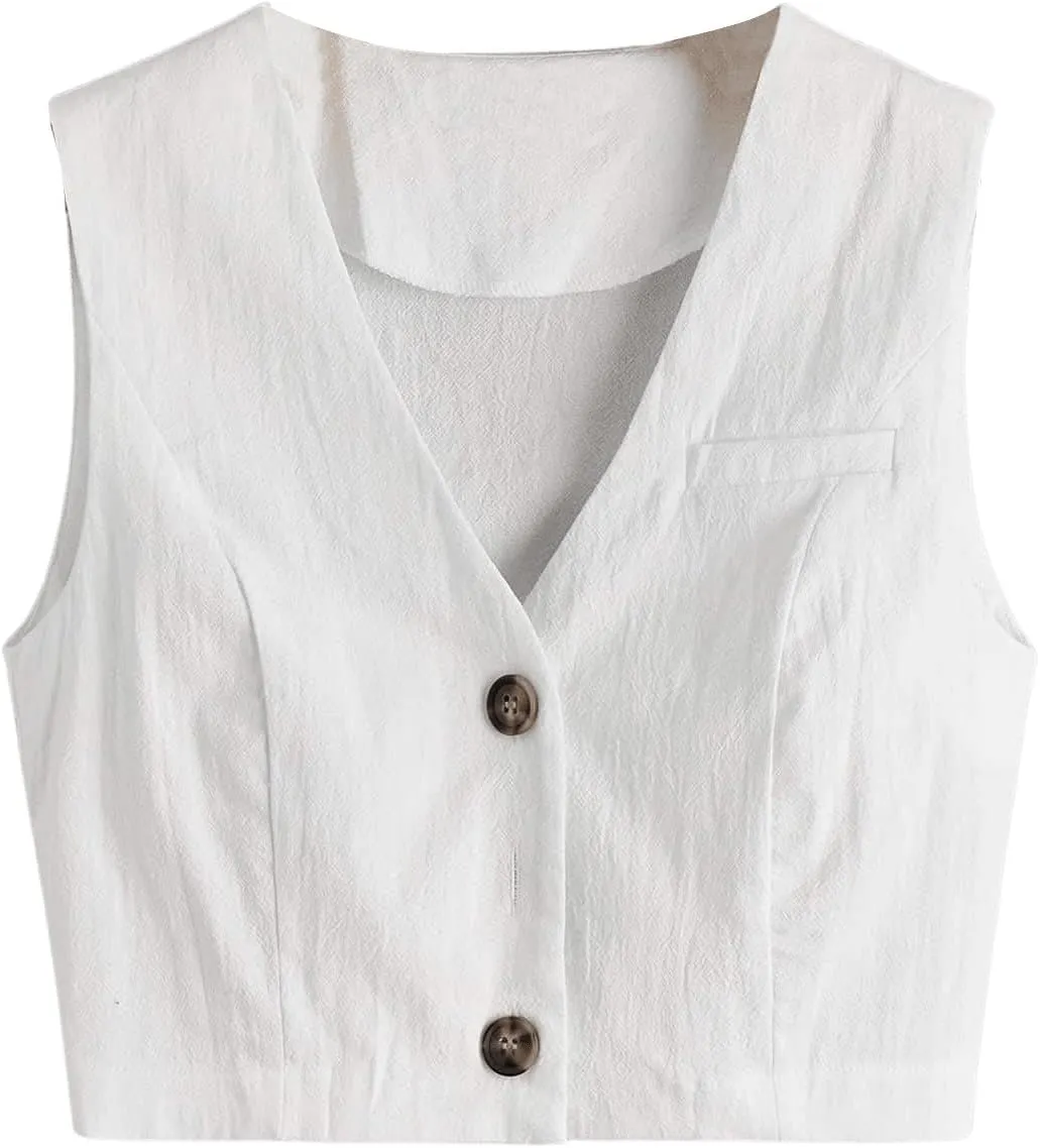 SweatyRocks Women's Casual Sleeveless V Neck Solid Button Front Crop Tank Top Blazer Vest