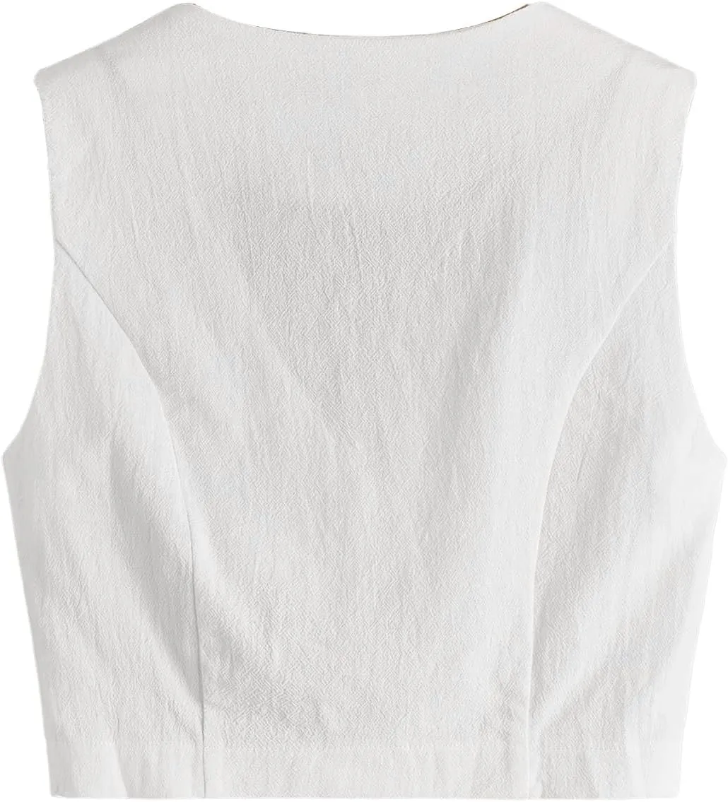 SweatyRocks Women's Casual Sleeveless V Neck Solid Button Front Crop Tank Top Blazer Vest