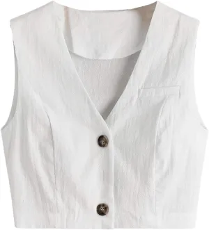 SweatyRocks Women's Casual Sleeveless V Neck Solid Button Front Crop Tank Top Blazer Vest