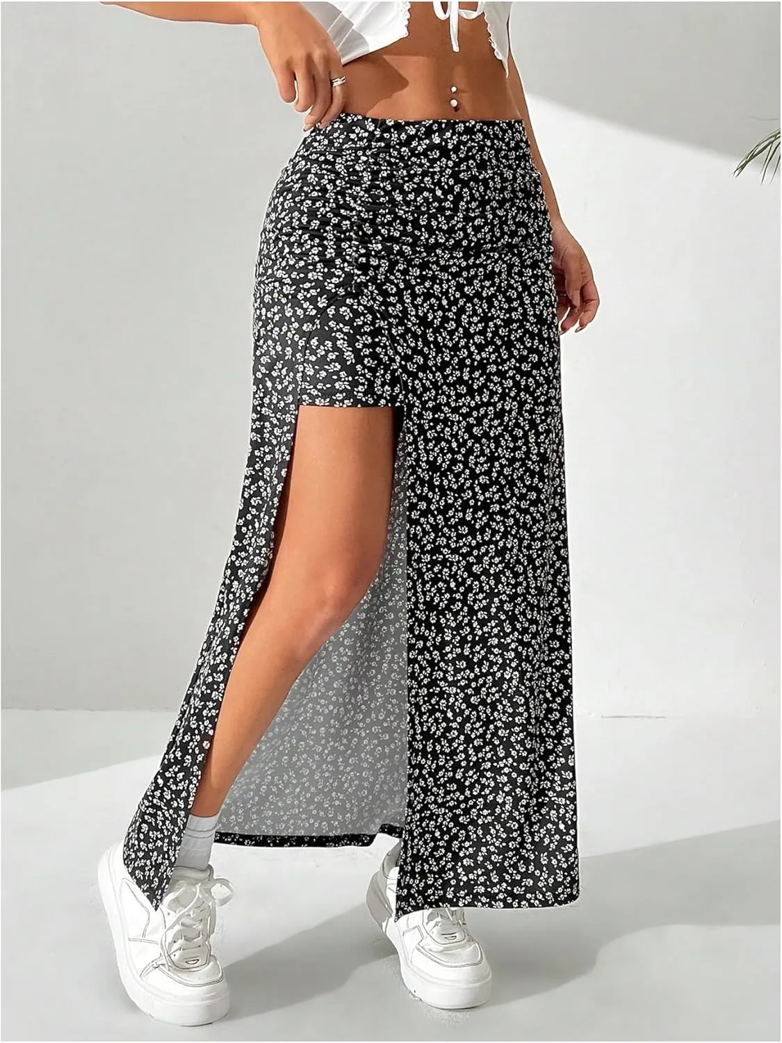 SweatyRocks Women's Floral Print Split Thigh Mid Waist Boho Vacation Long Skirts