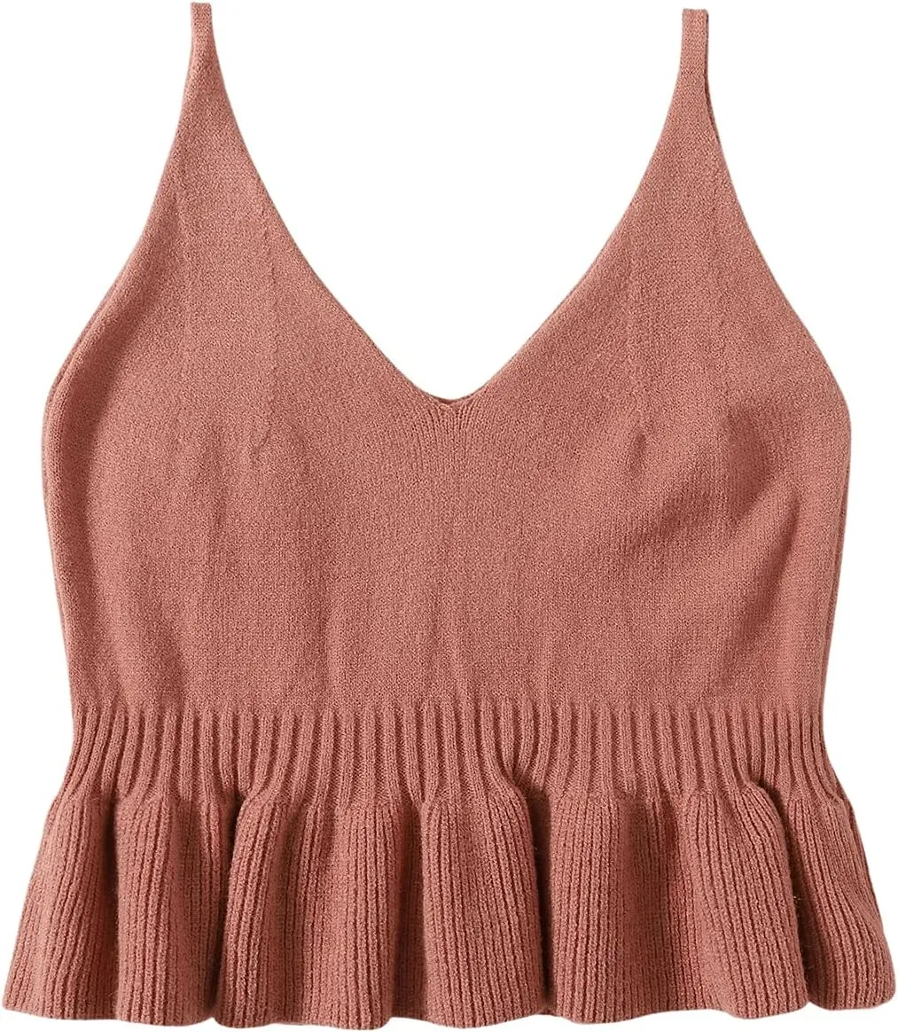 SweatyRocks Women's V Neck Spaghetti Strap Ruffle Hem Peplum Cropped Knit Sweater