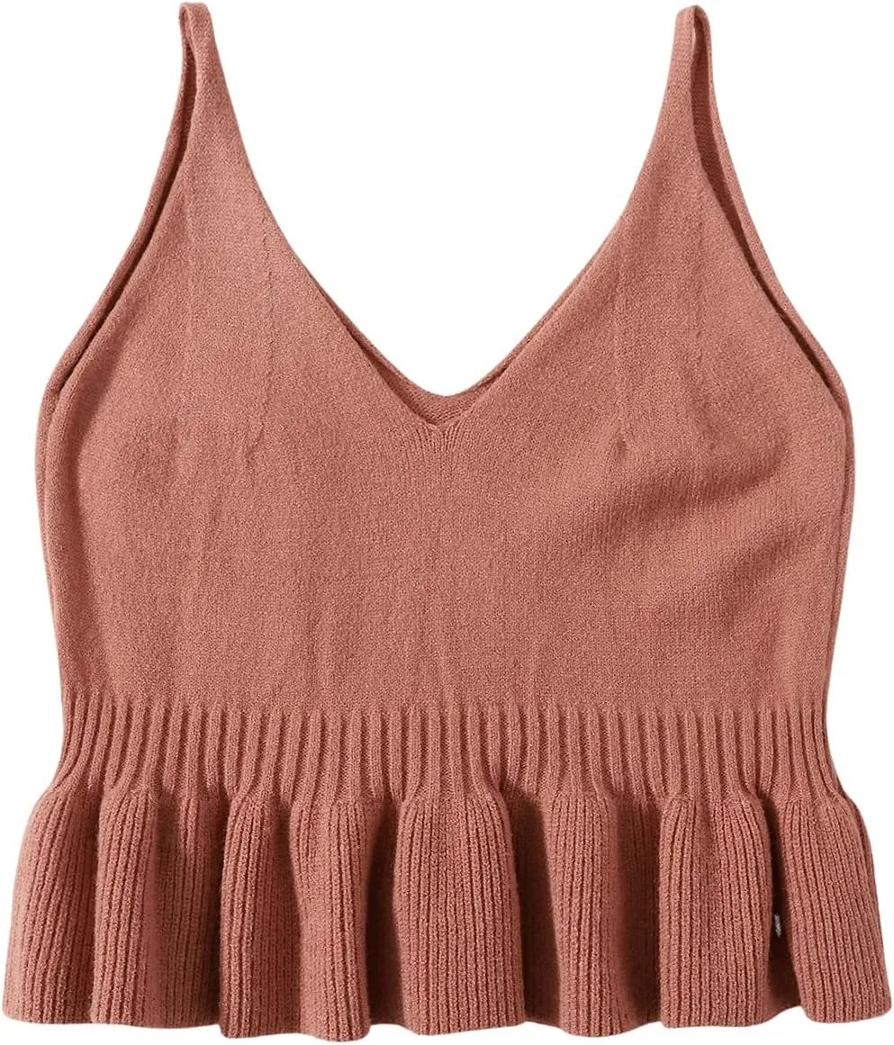 SweatyRocks Women's V Neck Spaghetti Strap Ruffle Hem Peplum Cropped Knit Sweater