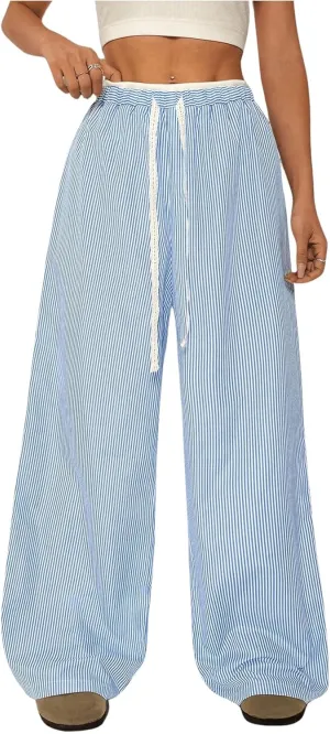 SweatyRocks Women's Wide Leg Striped Pants Drawstring Waist Y2K Loose Trousers