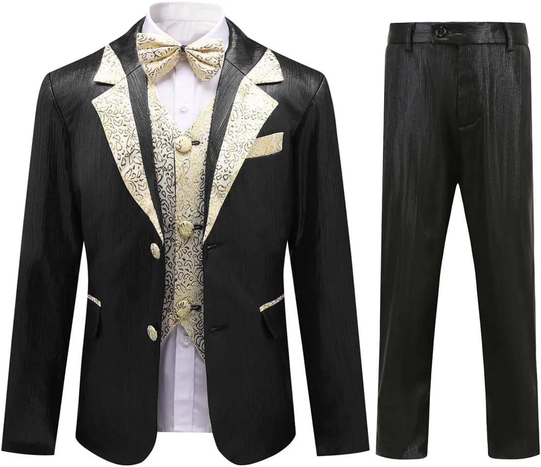 SWOTGdoby Boys Slim Fit Suits 4 Pieces Blazer Vest Pants Bowtie Jacket with Gold Rims for Wedding Party Prom