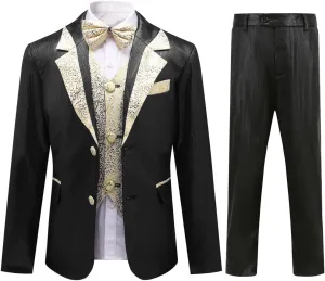 SWOTGdoby Boys Slim Fit Suits 4 Pieces Blazer Vest Pants Bowtie Jacket with Gold Rims for Wedding Party Prom