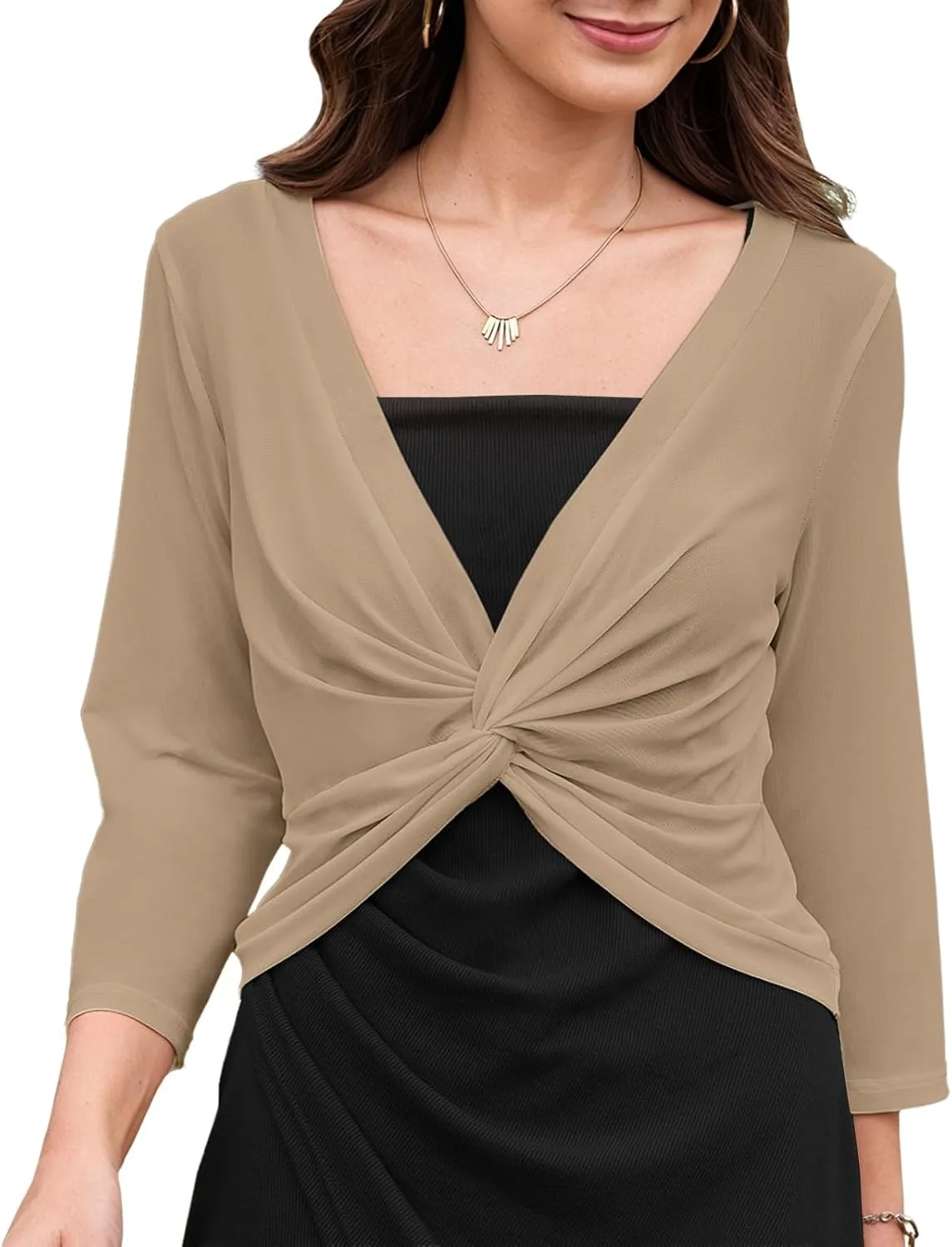 Tanou Womens Cropped Shrug Cardigan Casual Lightweight Pullover Shrug Cardigan Tulle Twist Knot 3/4 Sleeve Bolero Shrug Tops