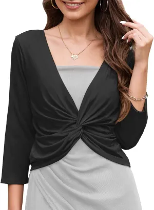 Tanou Womens Cropped Shrug Cardigan Casual Lightweight Pullover Shrug Cardigan Tulle Twist Knot 3/4 Sleeve Bolero Shrug Tops