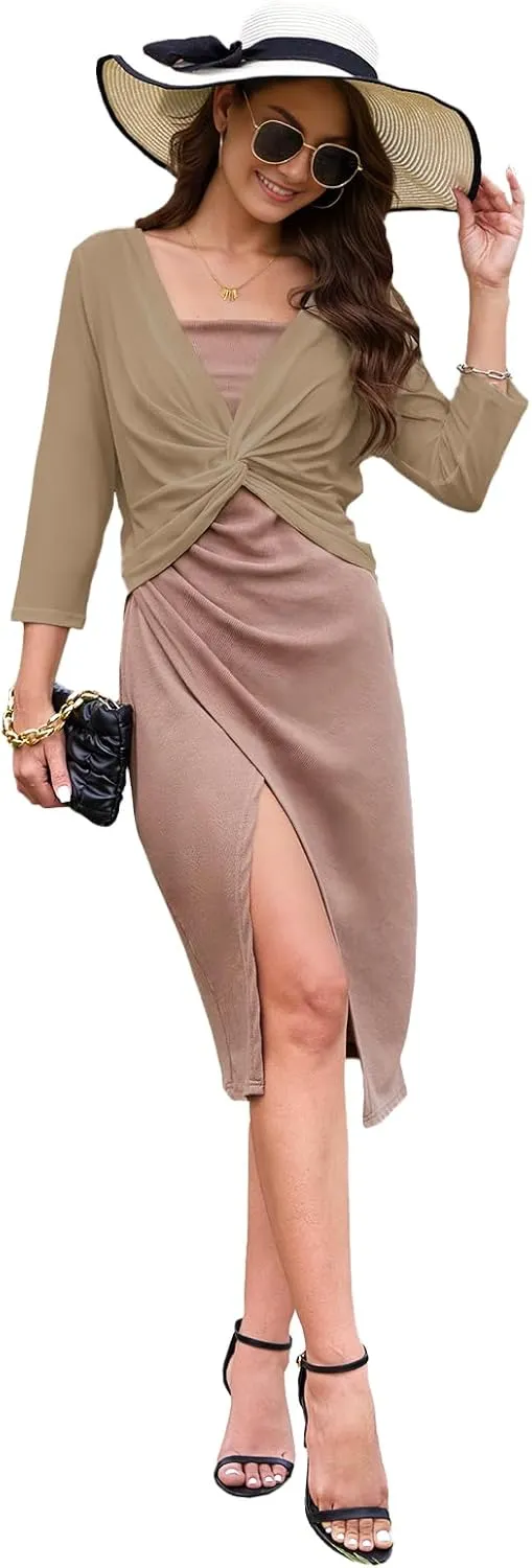 Tanou Womens Cropped Shrug Cardigan Casual Lightweight Pullover Shrug Cardigan Tulle Twist Knot 3/4 Sleeve Bolero Shrug Tops