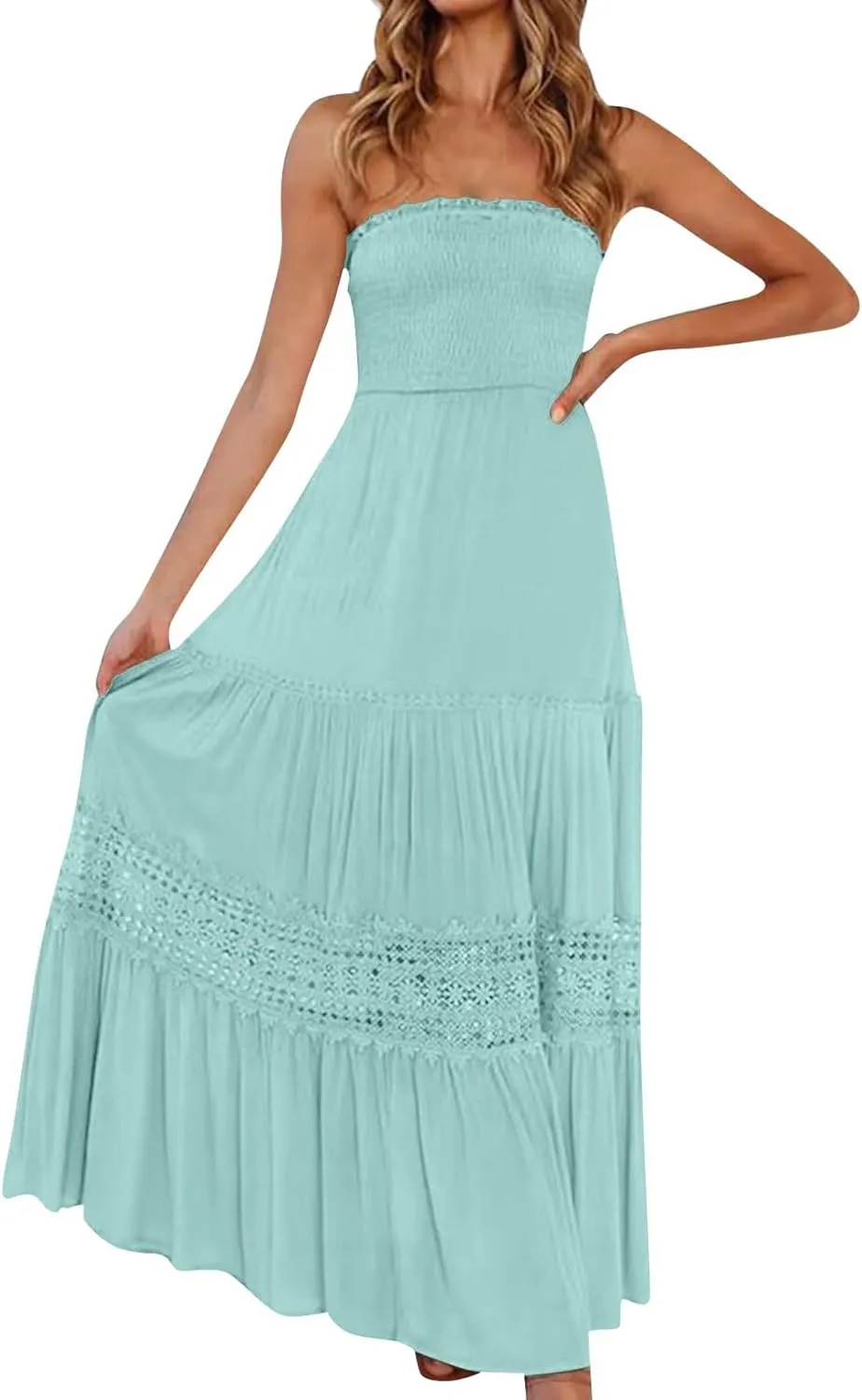 Tube Top Dress for Women 2025 Summer Solid Strapless Maxi Dresses Sexy Off Shoulder Smocked Flowy Beach Sundresses