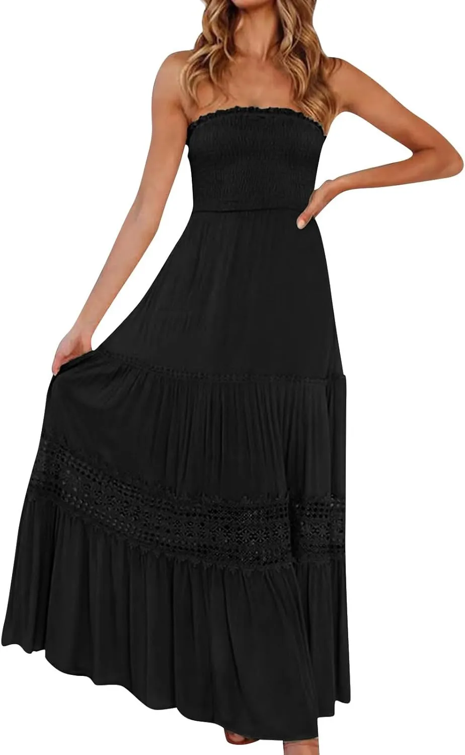 Tube Top Dress for Women 2025 Summer Solid Strapless Maxi Dresses Sexy Off Shoulder Smocked Flowy Beach Sundresses