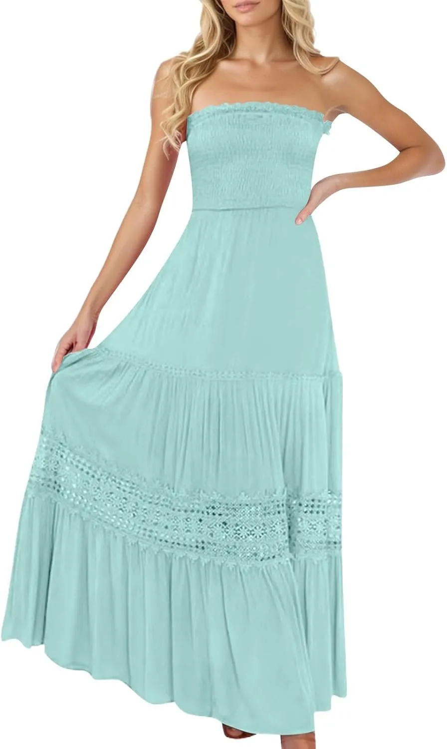 Tube Top Dress for Women 2025 Summer Solid Strapless Maxi Dresses Sexy Off Shoulder Smocked Flowy Beach Sundresses
