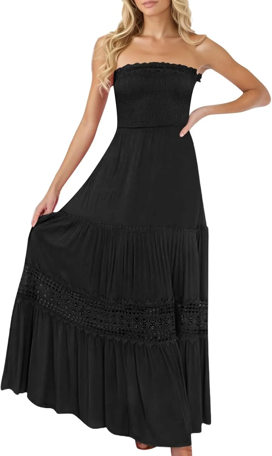 Tube Top Dress for Women 2025 Summer Solid Strapless Maxi Dresses Sexy Off Shoulder Smocked Flowy Beach Sundresses