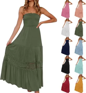 Tube Top Dress for Women 2025 Summer Solid Strapless Maxi Dresses Sexy Off Shoulder Smocked Flowy Beach Sundresses