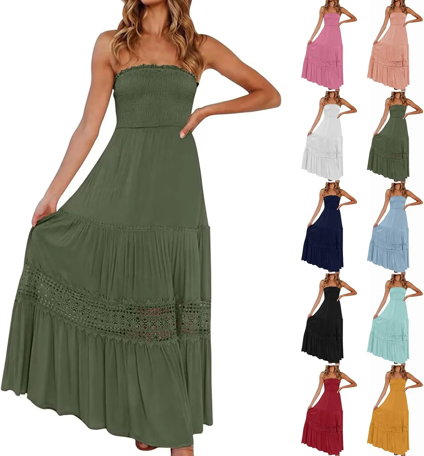 Tube Top Dress for Women 2025 Summer Solid Strapless Maxi Dresses Sexy Off Shoulder Smocked Flowy Beach Sundresses