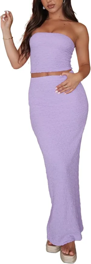 Two Piece Dress Outfits for Women Sleeveless Tube Tops Bodycon Maxi Dress Summer Strapless Crop Top Sexy Suits Set