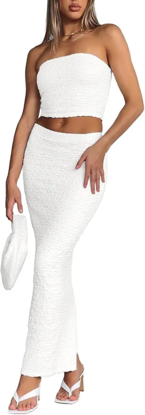 Two Piece Dress Outfits for Women Sleeveless Tube Tops Bodycon Maxi Dress Summer Strapless Crop Top Sexy Suits Set