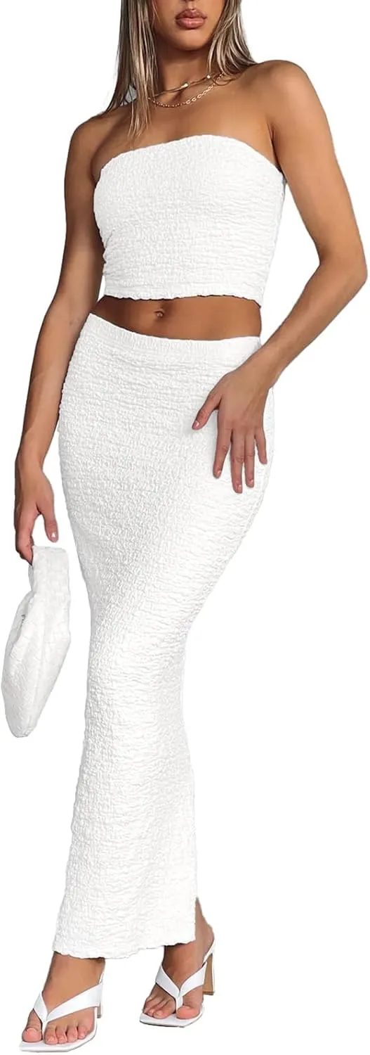 Two Piece Dress Outfits for Women Sleeveless Tube Tops Bodycon Maxi Dress Summer Strapless Crop Top Sexy Suits Set