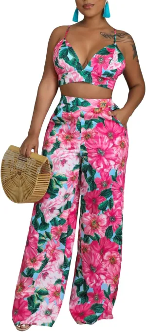 Two Piece Outfits for Women Sexy Spaghetti Straps Backless Crop Top Straight Long Pants Floral Vacation Swimwear Cover Ups Sets(2X-Large)