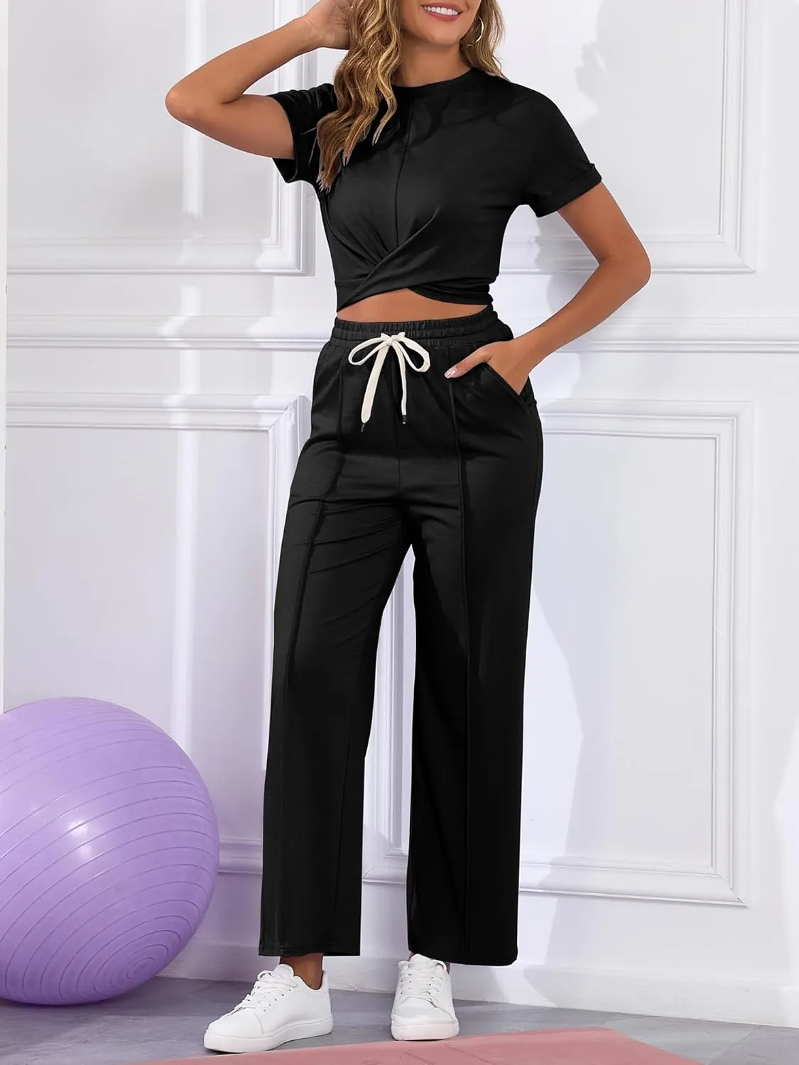 Two Piece Sets for Women Summer Outfits Lounge Sets Twist Front Crop Tops Wide Leg Pants Vacation Travel Clothes