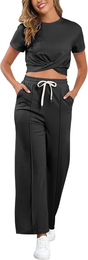 Two Piece Sets for Women Summer Outfits Lounge Sets Twist Front Crop Tops Wide Leg Pants Vacation Travel Clothes