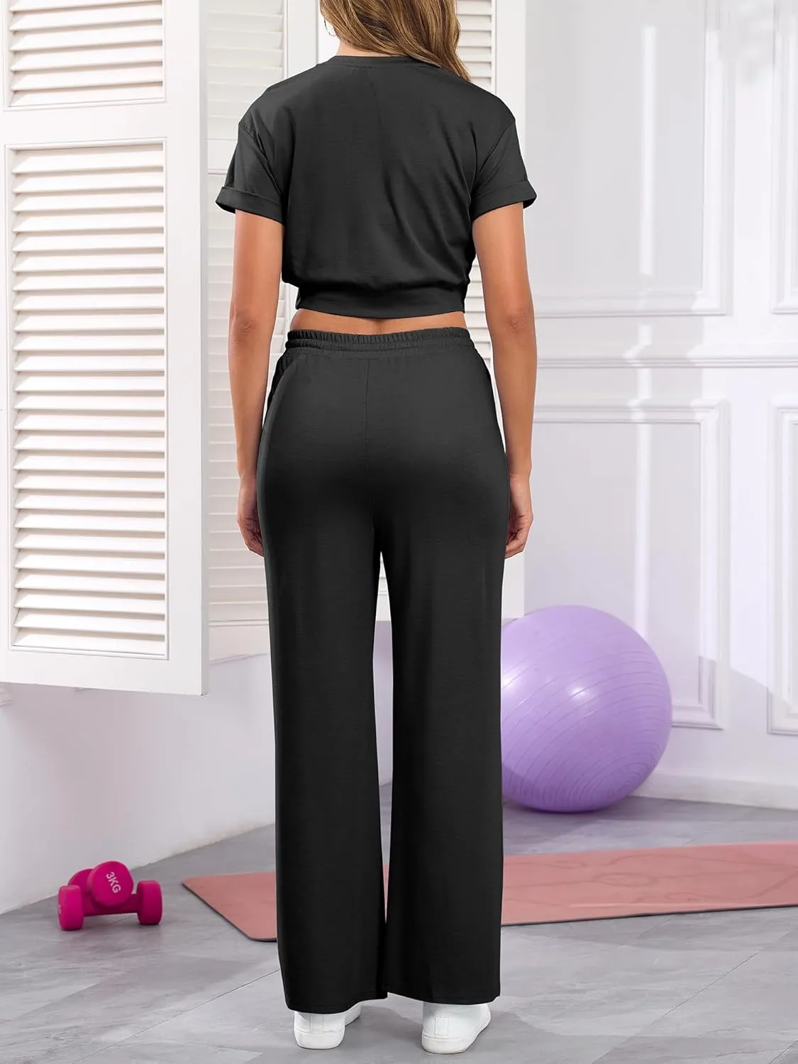 Two Piece Sets for Women Summer Outfits Lounge Sets Twist Front Crop Tops Wide Leg Pants Vacation Travel Clothes