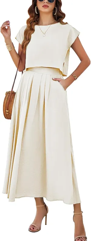 Two Piece Skirt Set for Women 2 Piece Summer Outfits Cap Sleeve Crewneck Tops and Maxi Skirt Dress Sets