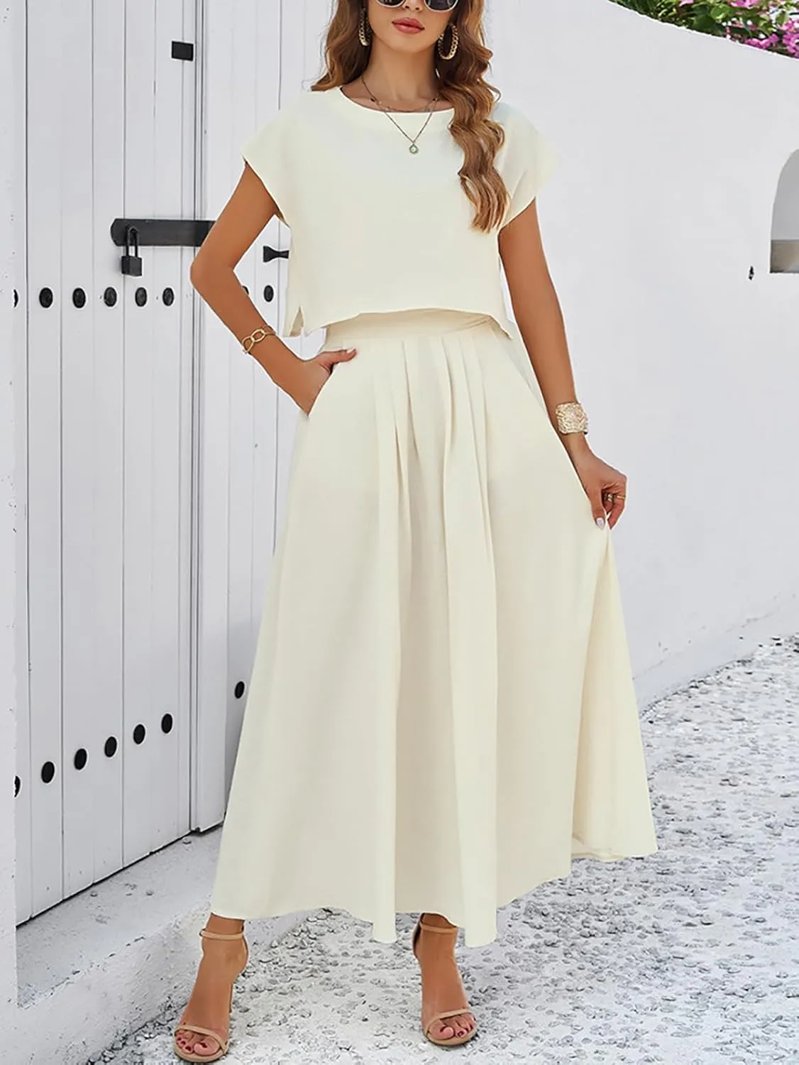 Two Piece Skirt Set for Women 2 Piece Summer Outfits Cap Sleeve Crewneck Tops and Maxi Skirt Dress Sets