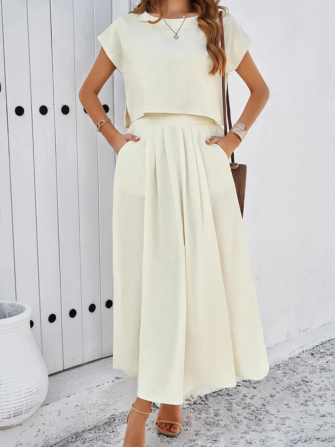 Two Piece Skirt Set for Women 2 Piece Summer Outfits Cap Sleeve Crewneck Tops and Maxi Skirt Dress Sets