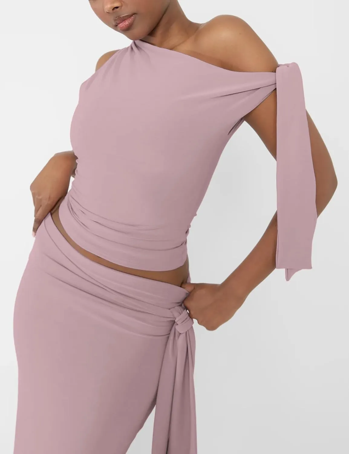 Two Piece Skirt Set for Women - Sexy 2 Pc Outfits Sleeveless One Shoulder Crop Top Maxi Long Bodycon Skirts Sets