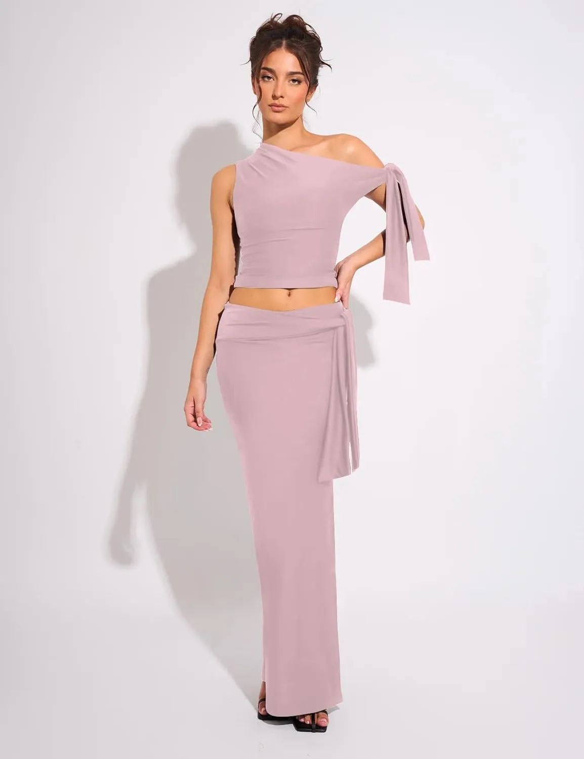 Two Piece Skirt Set for Women - Sexy 2 Pc Outfits Sleeveless One Shoulder Crop Top Maxi Long Bodycon Skirts Sets