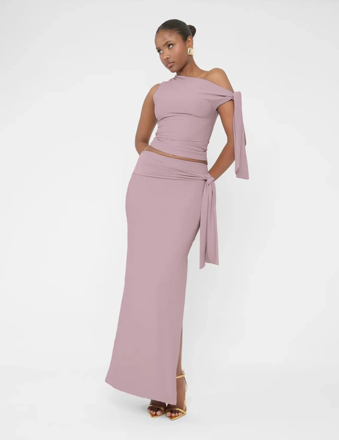 Two Piece Skirt Set for Women - Sexy 2 Pc Outfits Sleeveless One Shoulder Crop Top Maxi Long Bodycon Skirts Sets
