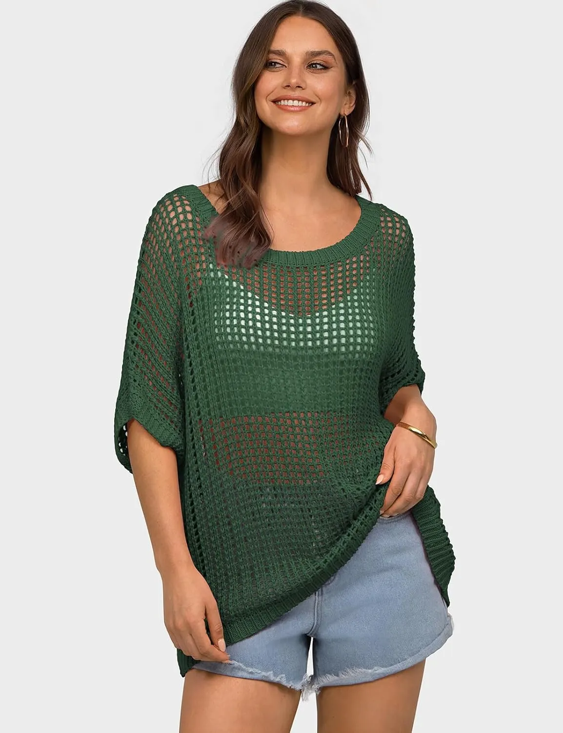 UEU Womens Summer Short Sleeve Crochet Tops Casual Off The Shoulder Knit Sweater Hollow Out Swim Beach Cover Up