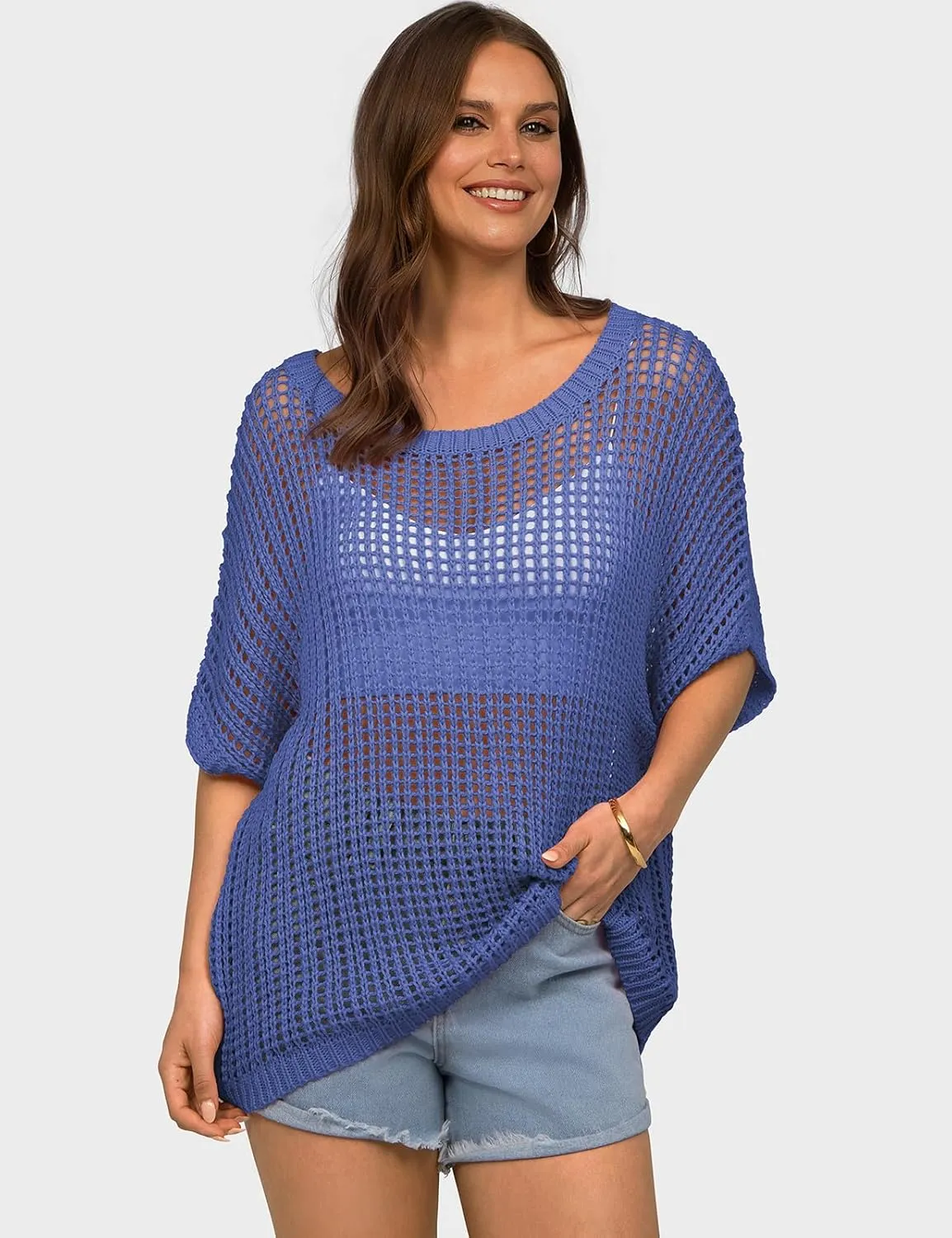 UEU Womens Summer Short Sleeve Crochet Tops Casual Off The Shoulder Knit Sweater Hollow Out Swim Beach Cover Up