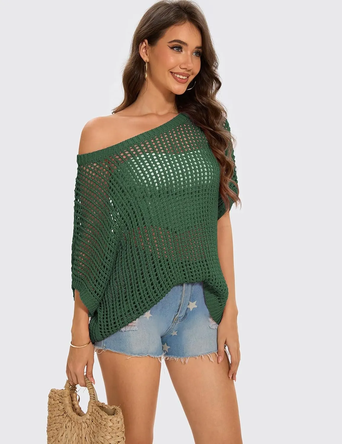 UEU Womens Summer Short Sleeve Crochet Tops Casual Off The Shoulder Knit Sweater Hollow Out Swim Beach Cover Up