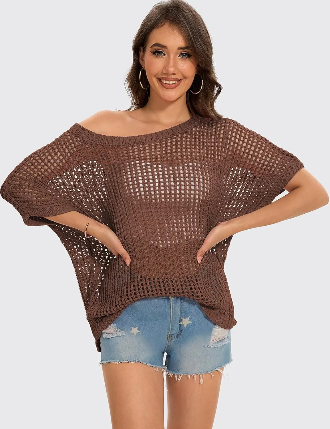 UEU Womens Summer Short Sleeve Crochet Tops Casual Off The Shoulder Knit Sweater Hollow Out Swim Beach Cover Up