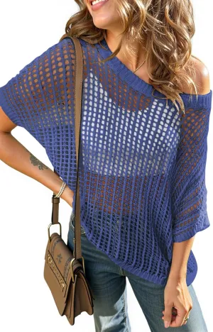 UEU Womens Summer Short Sleeve Crochet Tops Casual Off The Shoulder Knit Sweater Hollow Out Swim Beach Cover Up